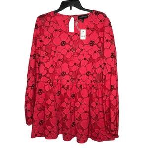 Lane Bryant Pink & Black Lace Floral Preppy Poppies Sheer Blouse Size 18 New